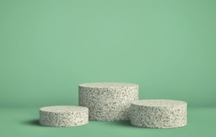Stone cylinder podium, product display stand on pastel green background. 3D rendering