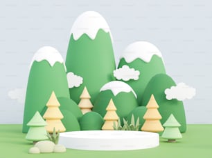 Podio del cilindro marrone in stile cartone animato sul rendering 3d dello sfondo della montagna poligonale basso