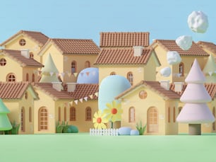 Pequeño pueblo estilo de dibujos animados en color pastel 3d render, Tiene un fondo de color azul plano. Decorado con la bandera del ferrocarril bajo polígono árbol y flor.