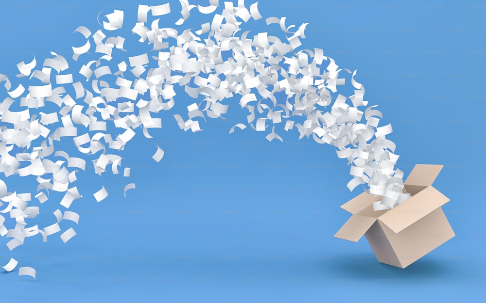 White paper flies out of a cardboard box on blue background.3D rendering