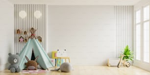 Children's playroom with tent and table sitting white wall,doll.3D rendering