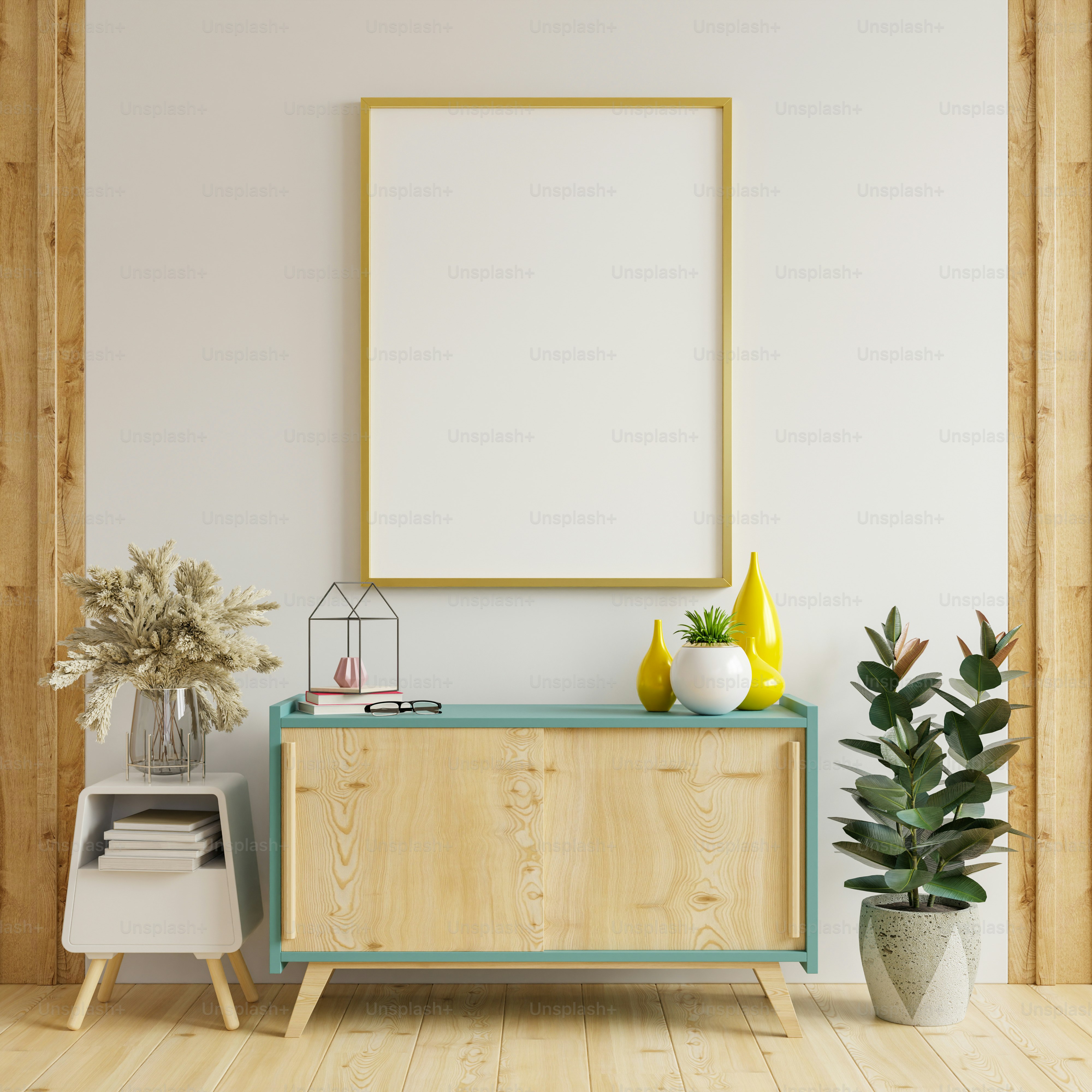 内部のキャビネットにポスターフレームをモックアップ.3dレンダリング