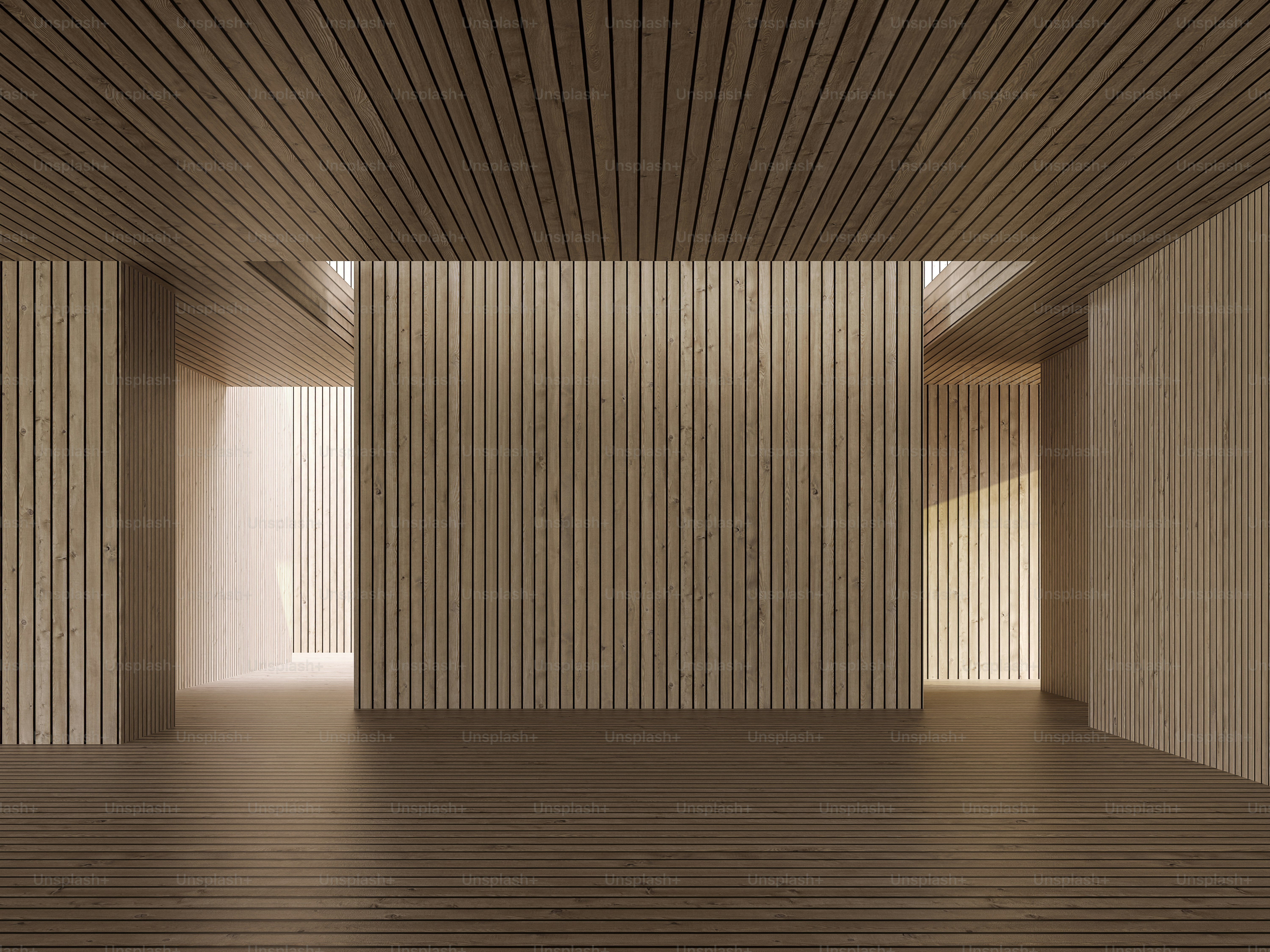 Ruang papan kayu ruang interior kontemporer modern render 3d dengan latar belakang kayu kosong