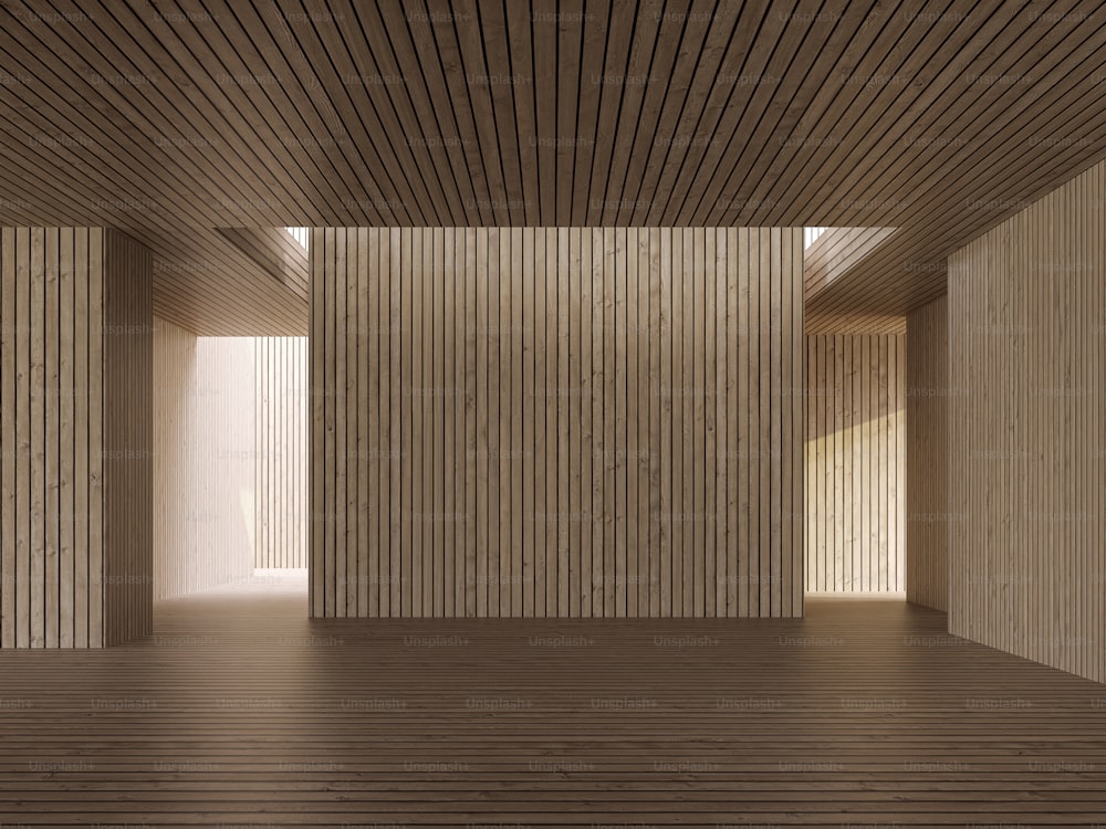 Wood plank room modern contemporary interior space 3d render with empty wooden backdrop