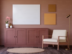 Interior marrom vermelho estilo minimalista com moldura vazia render 3d, há piso de madeira velho decorar com cadeira de tecido branco e lâmpada dourada.