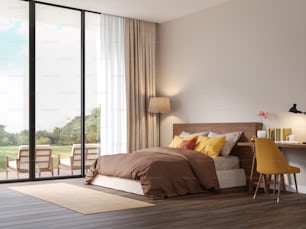 Red brown tone bedroom with nature view 3d render,The Rooms have wooden floors ,decorate with colorful fabric bed,There are large  sliding doors, Overlooks wooden terrace and big garden.