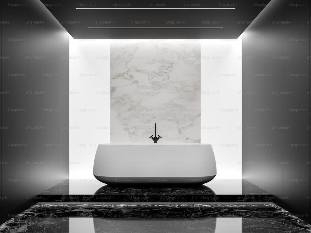 Renderizado 3D de baño en blanco y negro de estilo minimalista, hay pisos de mármol negro y paneles negros decorados con telón de fondo de pared de mármol blanco y pared de panel de luz