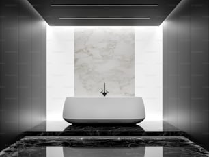 Minimal style black and white bathroom 3d render,There are black marble floor and black panel wall decorate with white marble wall backdrop and light panel wall