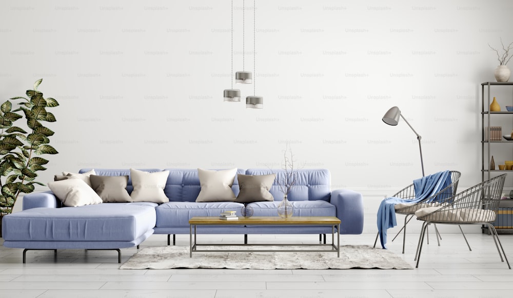 Modern home interior design of scandinavian apartment, living room with blue sofa 3d rendering