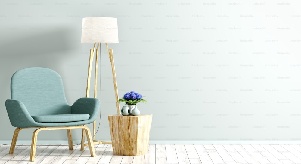 Innenhintergrund des Wohnzimmers mit türkisfarbenem Sessel, hölzernem Couchtisch und Stehlampe gegen hellblaue Wand, 3D-Rendering für Wohndesign