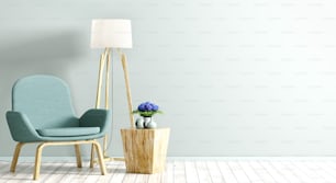 リビングルームの内部背景にターコイズ色の肘掛け椅子、木製のコーヒーテーブル、明るい青の壁にフロアランプ、ホームデザイン3Dレンダリング