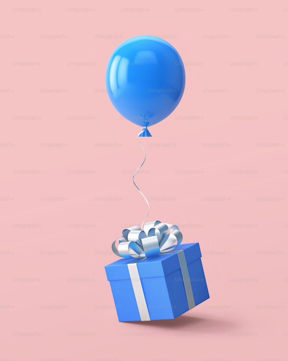 Blaue Geschenkbox mit silbernem Band und Luftballon isoliert auf rosa Hintergrund. 3D-Rendering mit Beschneidungspfad