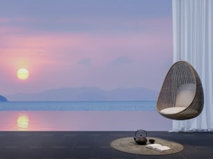 夕日の背景にモダンで現代的なスタイルのスイミングプールテラス3Dレンダリング。籐の形をした家具で仕上げられた黒い花崗岩のタイルの床があり、夕暮れ時の海の景色を見渡せます。