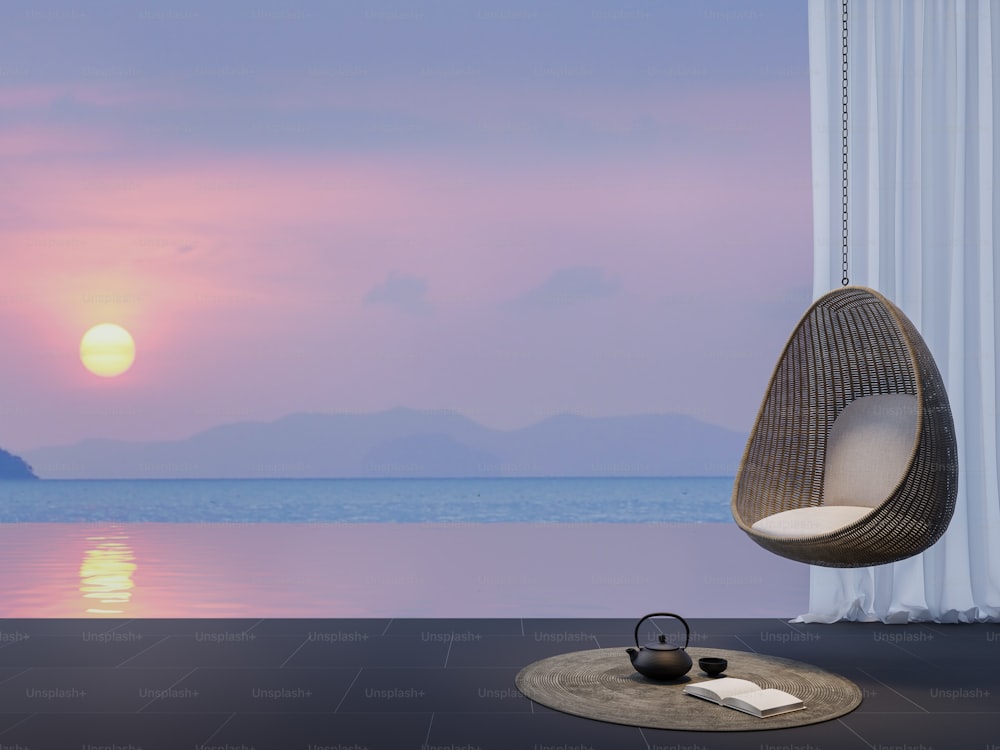 Modern contemporary style swimming pool terrace with sunset background 3d render.There are black granite tile floors finished with rattan shaped furniture overlooks to dusk time sea view.