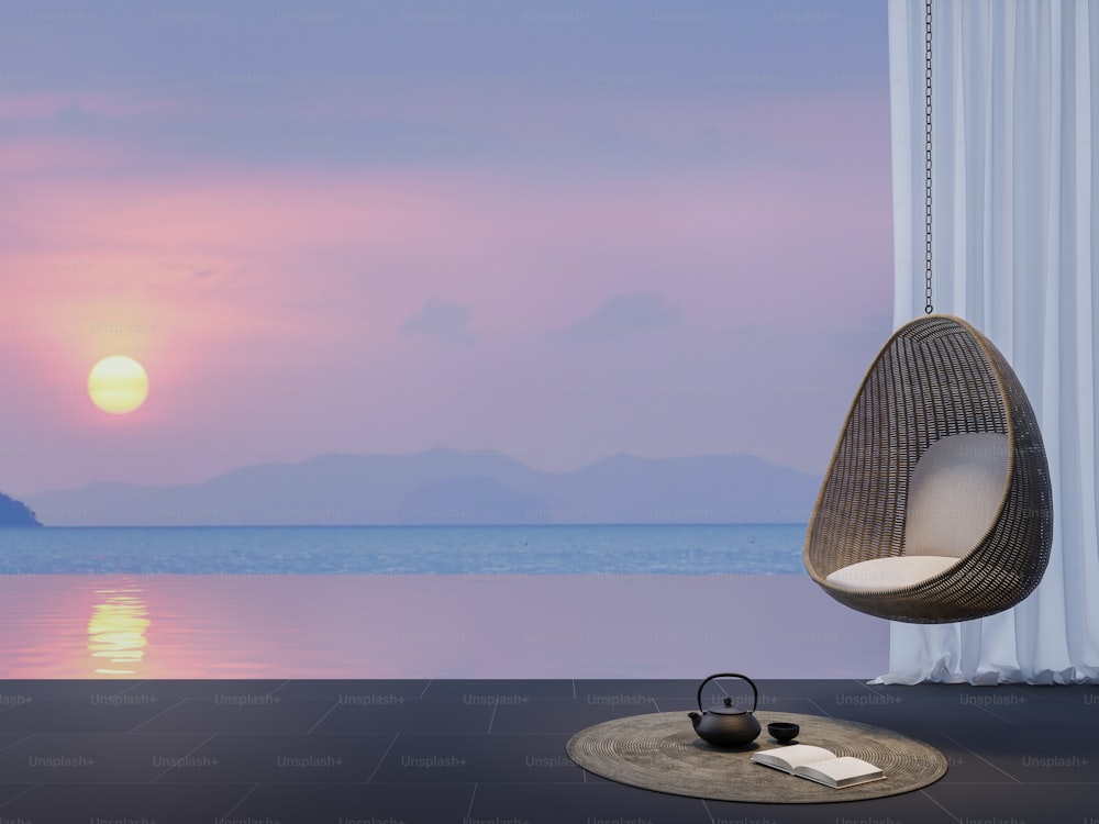 Terraço da piscina de estilo contemporâneo moderno com fundo do pôr do sol render 3d. Há pisos de azulejos de granito preto com acabamento em móveis em forma de vime com vista para o mar ao entardecer.