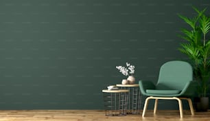 Interno del soggiorno con tavolini e poltrona contro parete verde, rendering 3d home design