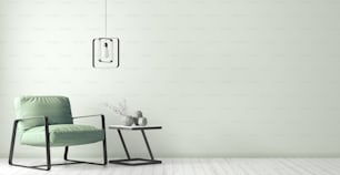 Design intérieur moderne du salon avec table basse blanche noire, lampe en métal et fauteuil vert Rendu 3D