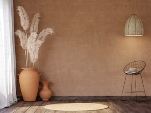 Chambre vide de style local avec un rendu 3D mural orange vierge, il y a un vieux plancher en bois décoré avec une chaise en métal noir et un pot en terre cuite avec une fleur de roseau sèche.