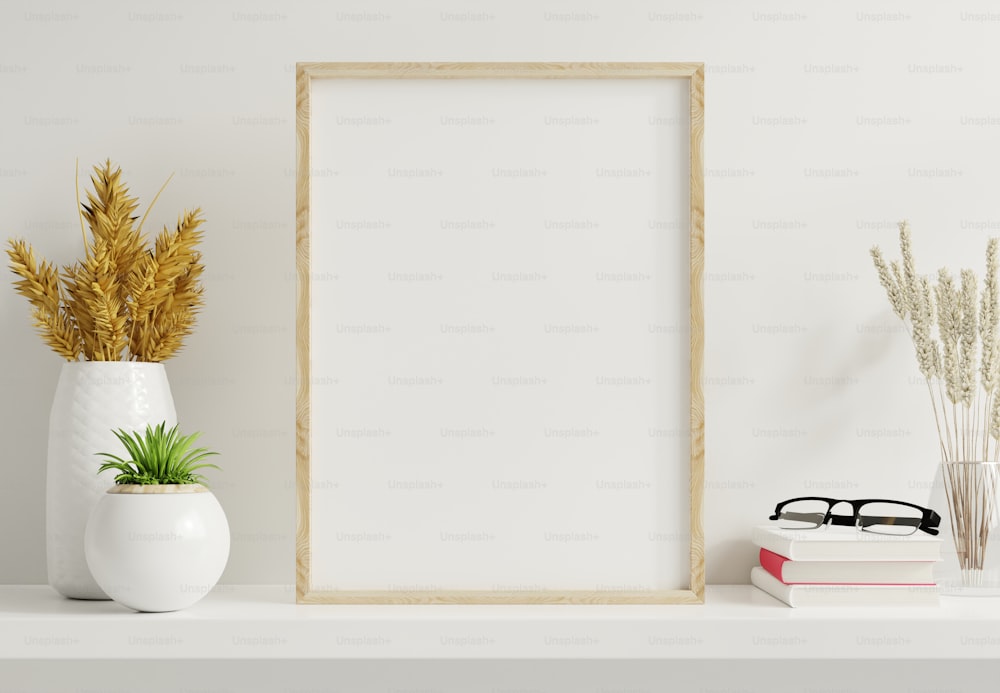 Home interior poster mock up with vertical gold frame with ornamental plants in pots on empty wall background.3D rendering