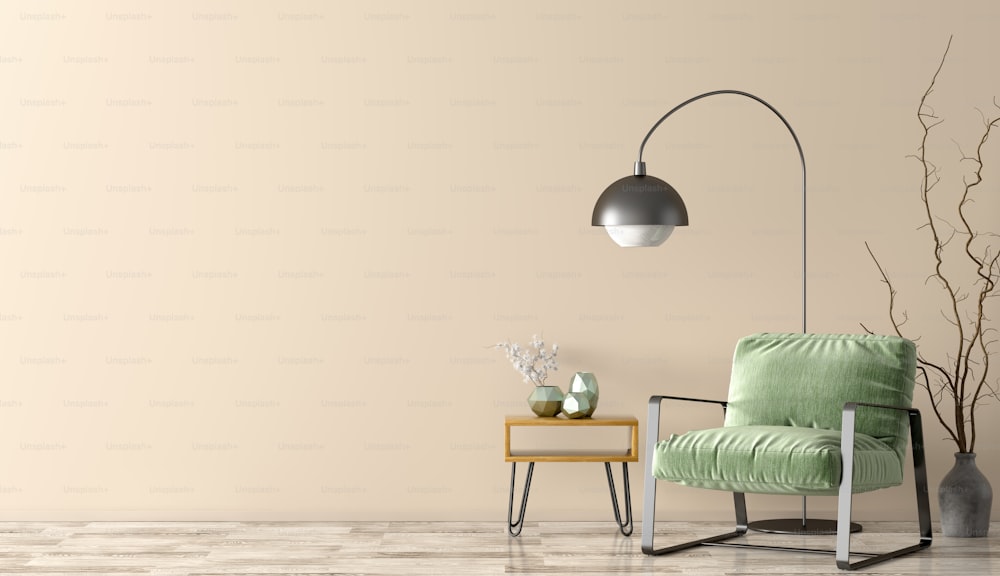 Intérieur du salon avec table basse et fauteuil vert, home design 3d rendering