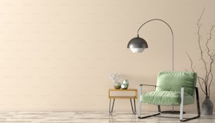Interno del soggiorno con tavolino e poltrona verde, home design rendering 3d