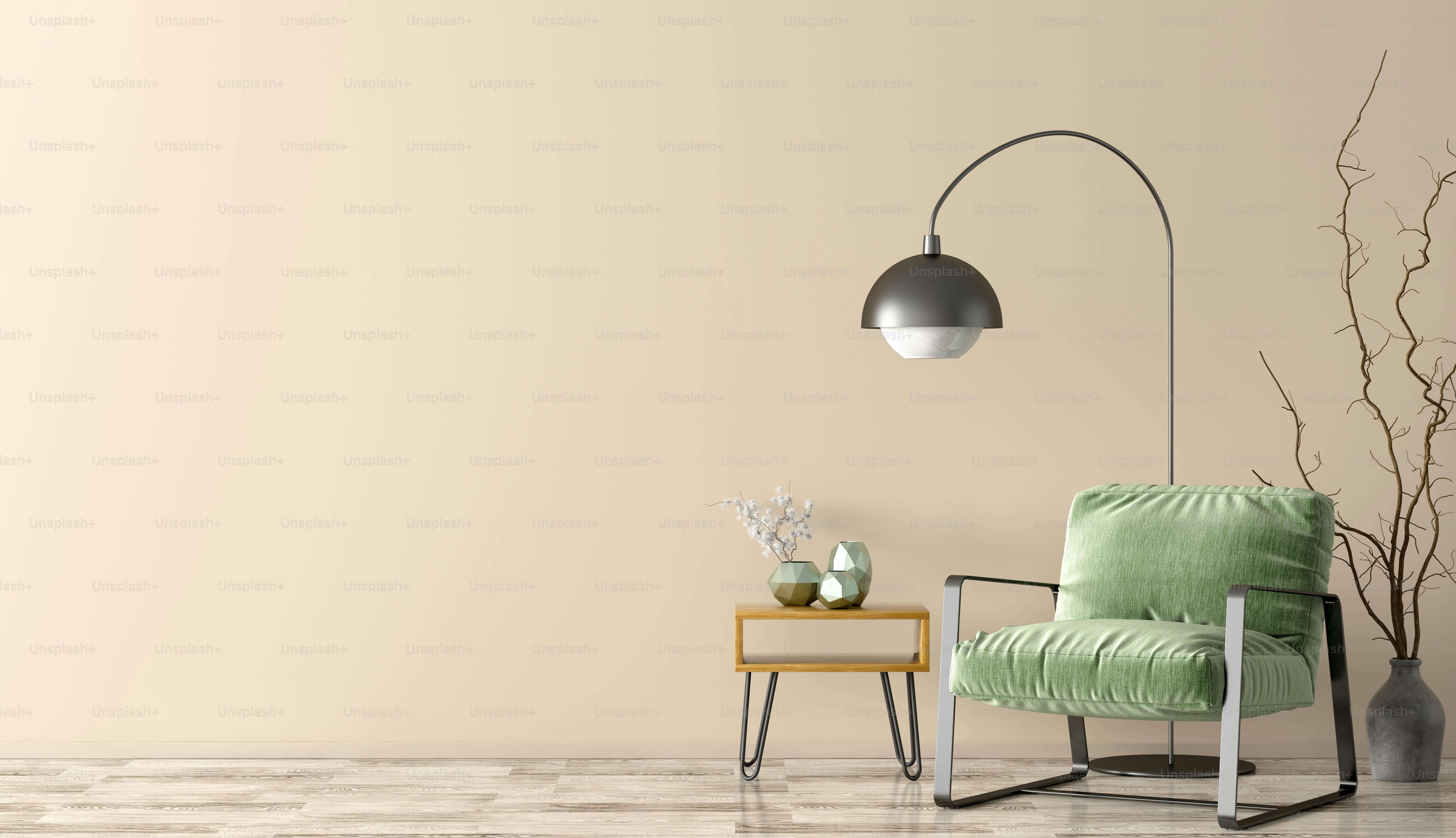 Interior of living room with coffee table and green armchair, home design 3d rendering