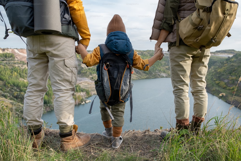 山の間の湖の前に立ちながら、バックパックを持つ若い親と小さな息子の低い部分の背面図