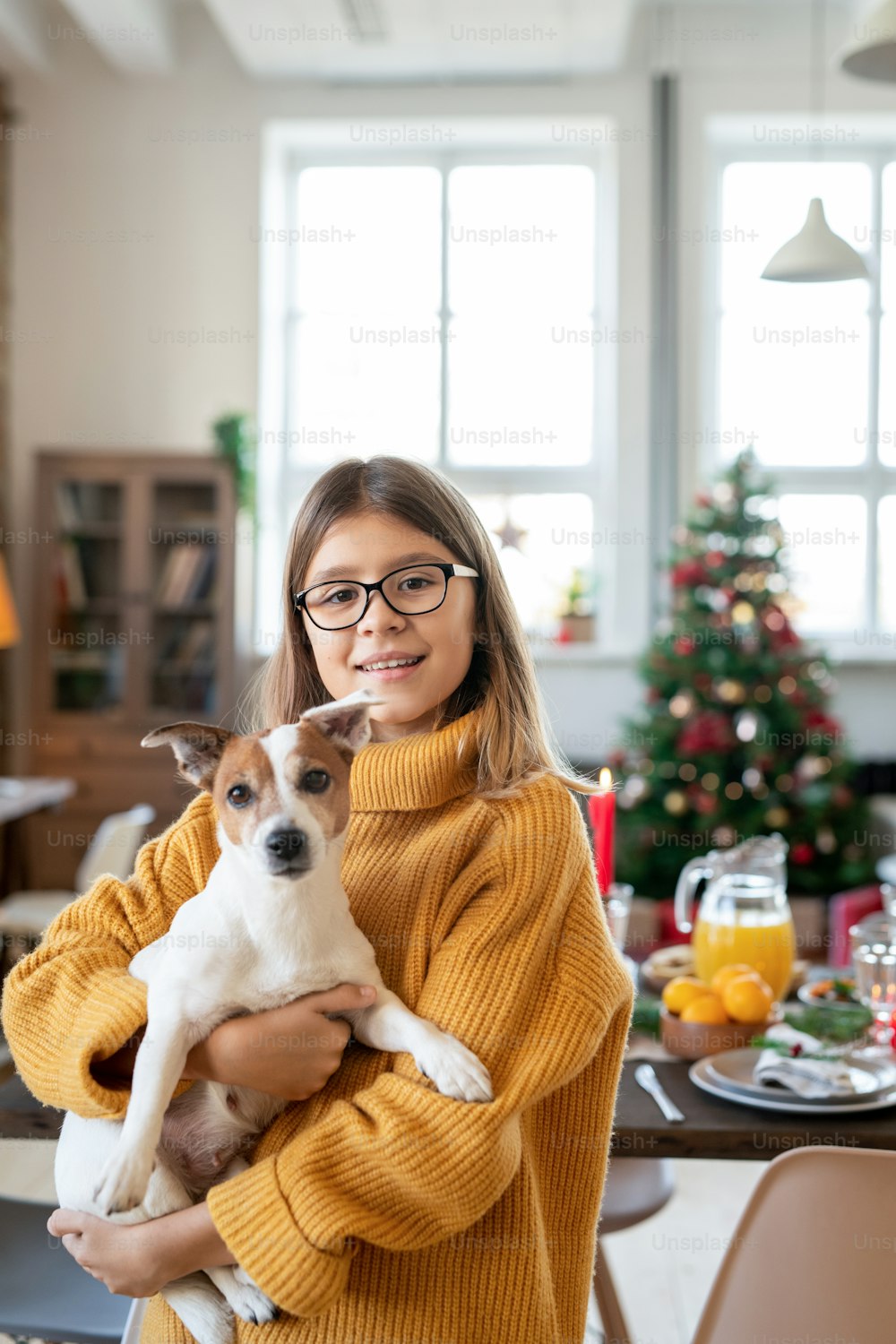 Cão adolescente alegre com cão bonito em suas mãos em pé na frente da câmera na sala de estar contra a árvore de Natal e mesa servida