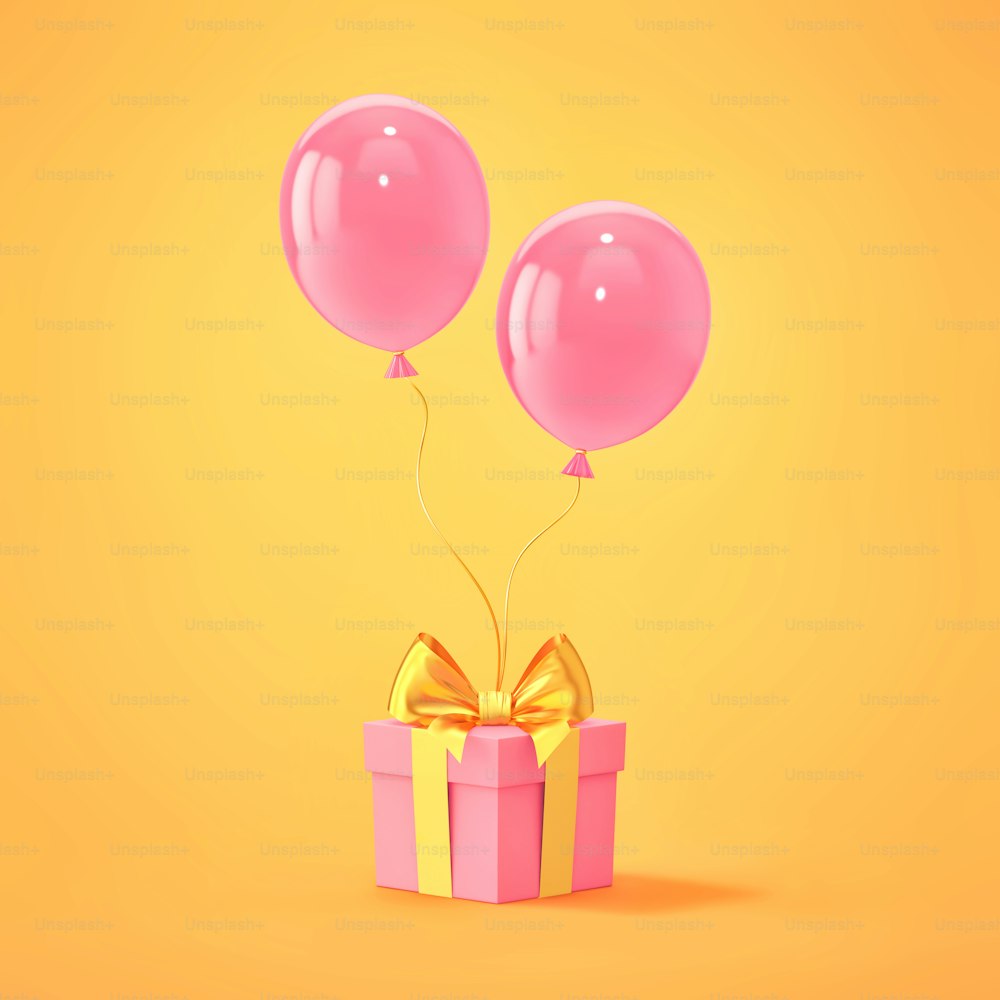 Coffret cadeau rose avec nœud doré et ballons roses sur fond jaune. Rendu 3D