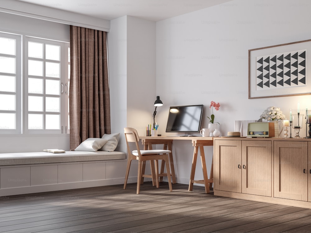 Foto Rincón de trabajo de estilo vintage render 3d. Hay pared de pintura  blanca, piso de madera decorar con mesa de madera, con ventana blanca con  vistas al exterior, la luz del