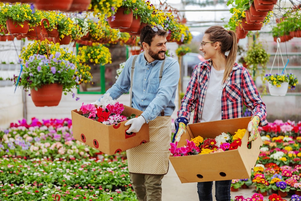 Two smiling small business owners walking in greenhouse and carrying boxes with colorful flowers.