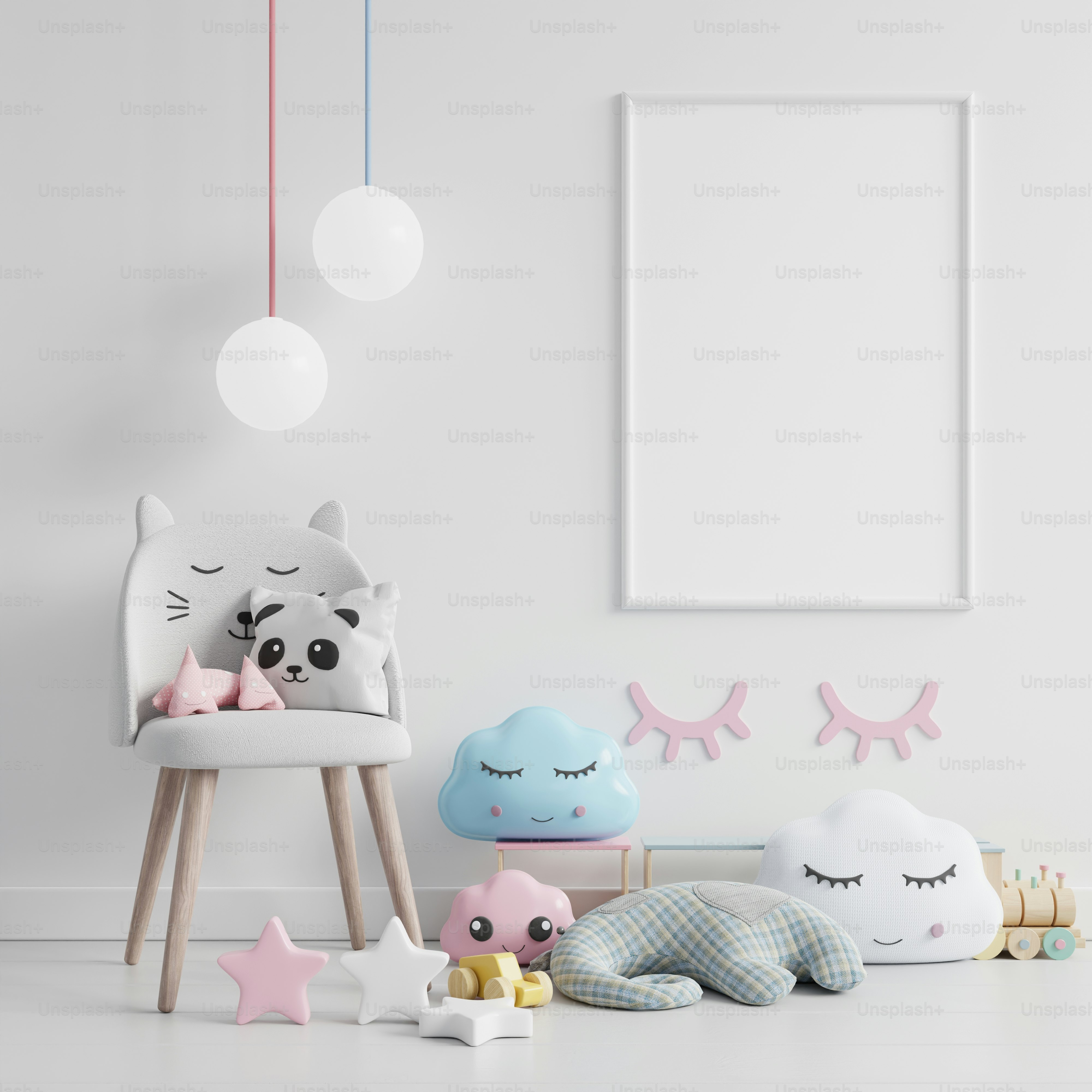 Mock-up-Posterrahmen im Kinderzimmer, Kinderzimmer, Kinderzimmer-Mockup, weiße Wand, 3D-Rendering