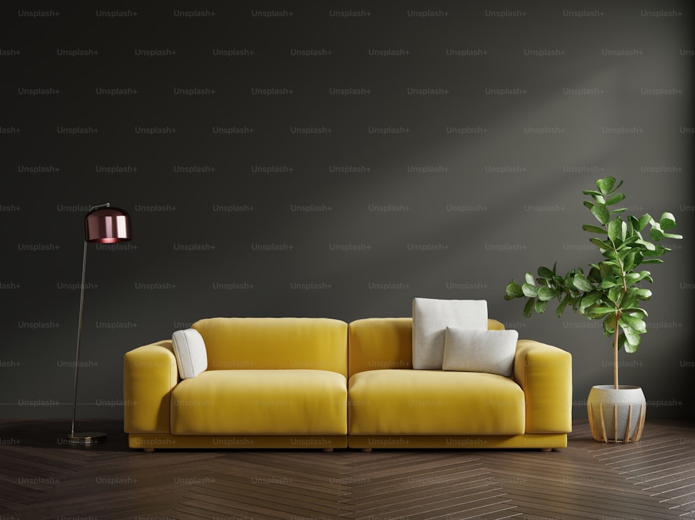 Intérieur de salon moderne avec canapé illuminant et plantes vertes, lampe, table sur fond mural gris ultime.3D Rendu