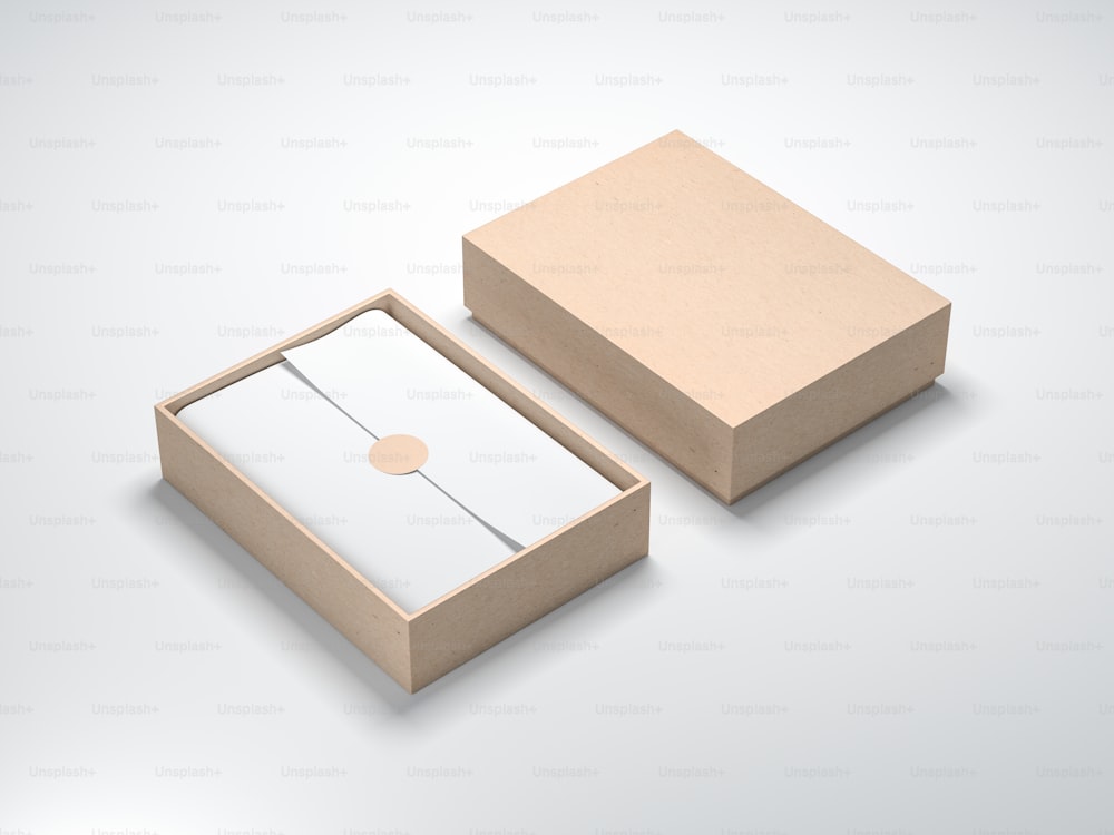 Mockup di scatola di cartone con carta da regalo bianca su sfondo chiaro aperto, rendering 3d