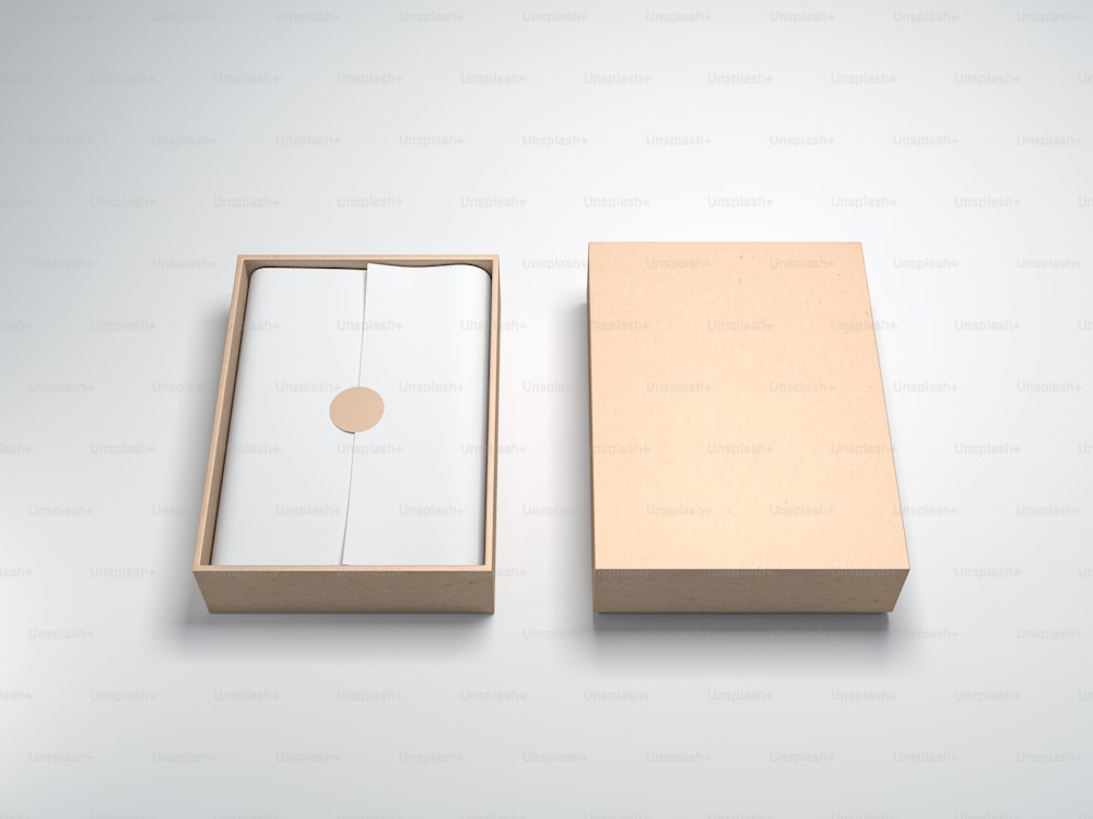 Pappkarton Mockup mit weißem Geschenkpapier und Aufkleber, geöffnetem Lichthintergrund, 3D-Rendering
