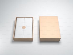 Maqueta de caja de cartón con papel de regalo blanco y pegatina, fondo claro abierto, renderizado 3D