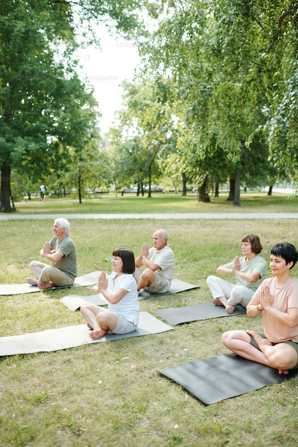 Group of people sitting on the grass with eyes closed and meditating during yoga classes outdoors
