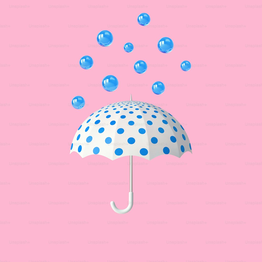 Paraguas blanco y azul bajo lluvia aislado sobre fondo rosa. Renderizado 3D