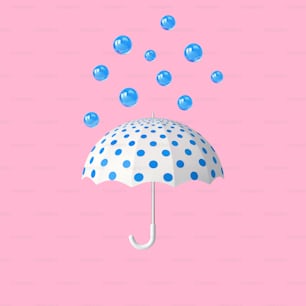 White and blue umbrella under rain isolated on pink background. 3D rendering
