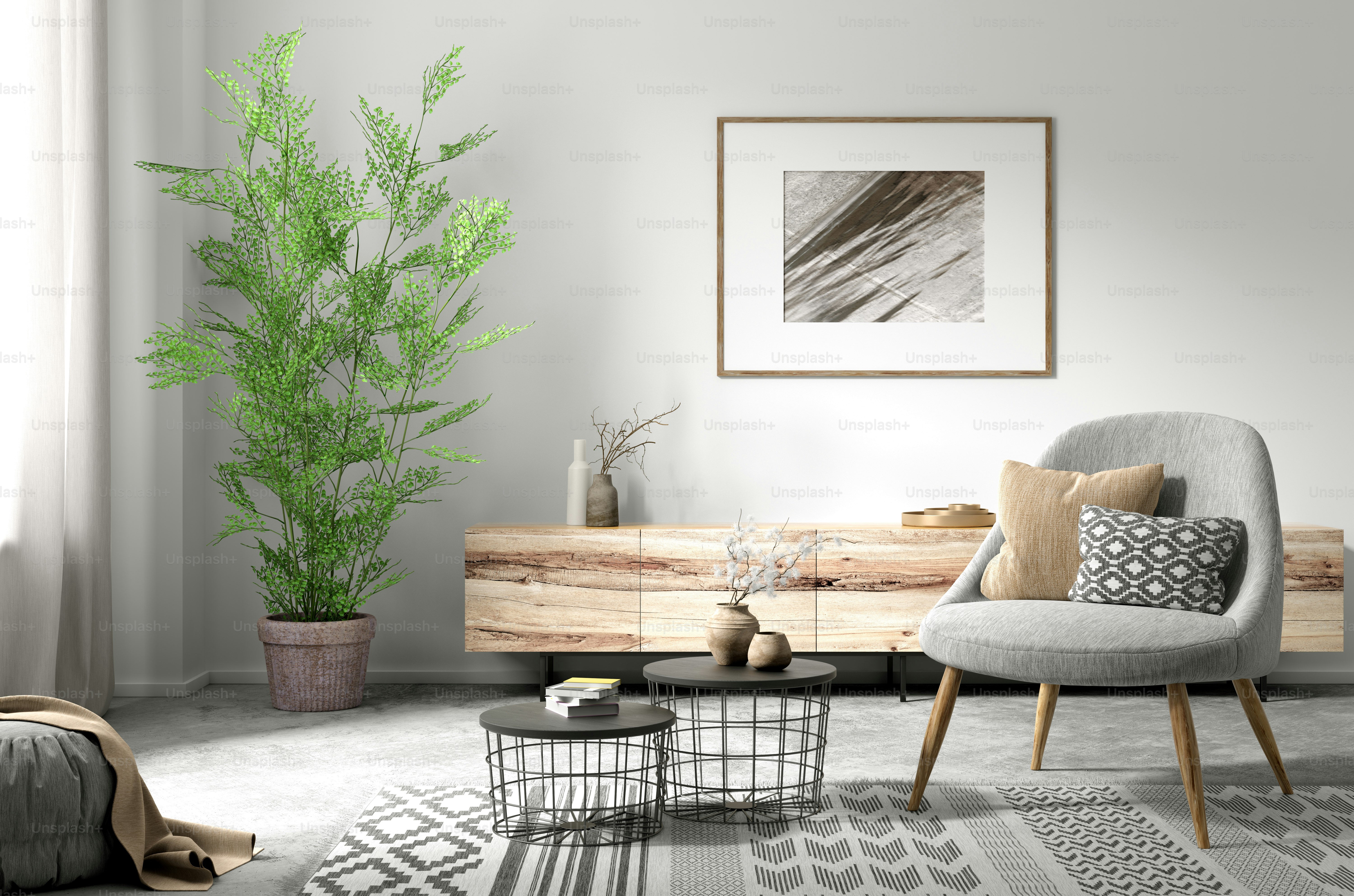 Innenraum des Wohnzimmers mit Couchtischen und grauem Sessel, 3D-Rendering für Wohndesign