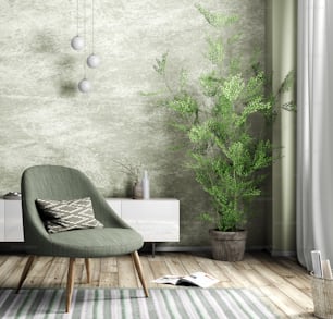 漆喰の壁に緑の肘掛け椅子と白いキャビネットを持つリビングルームの内部、家のデザイン3Dレンダリング