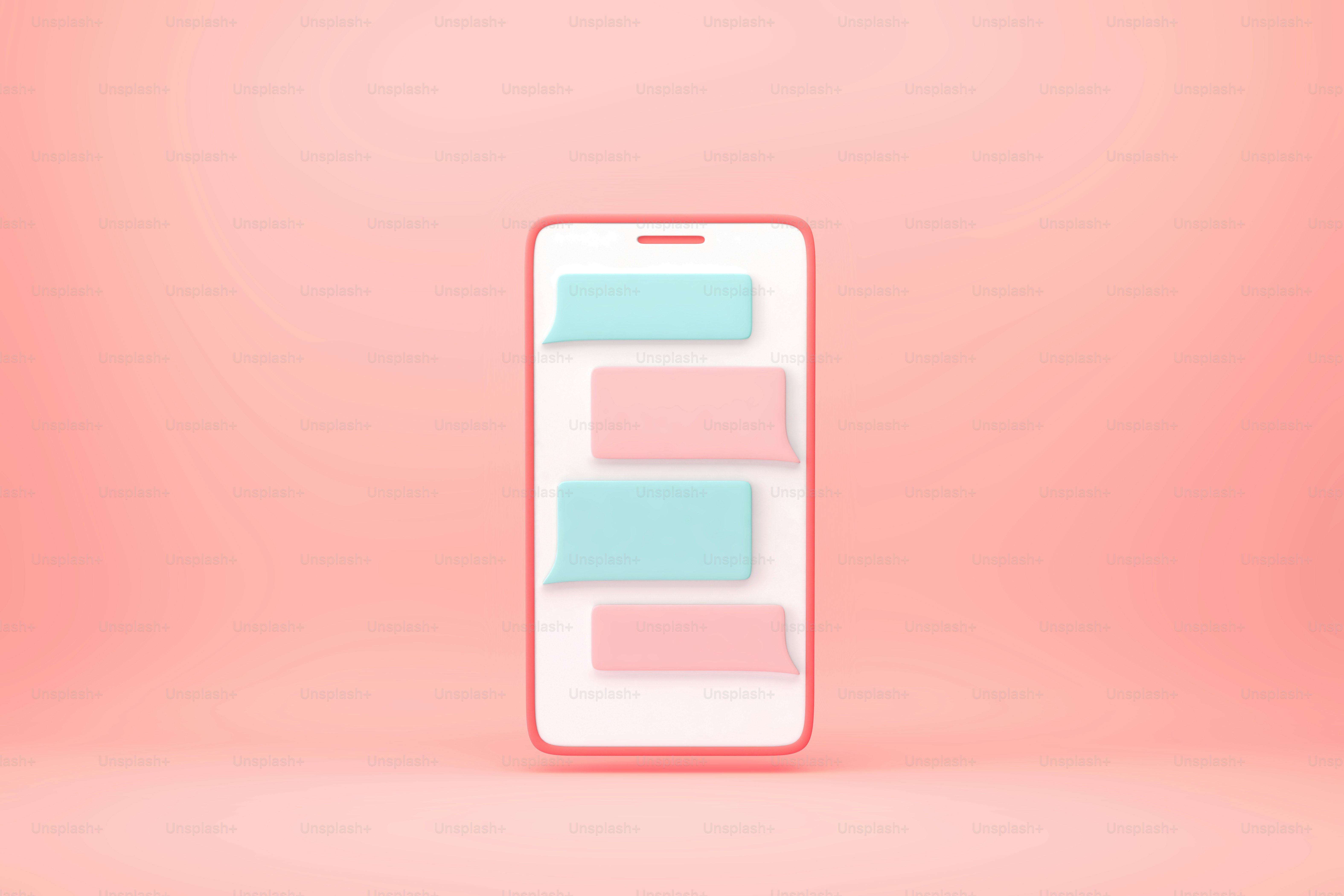 ピンクの背景にメッセンジャーウィンドウを持つスマートフォン。チャットとメッセージングのコンセプト。3Dレンダリング