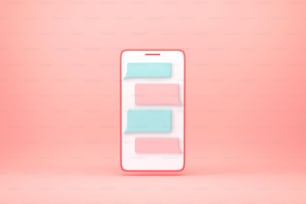 분홍색 배경에 메신저 창이 있는 스마트폰. 채팅 및 메시징 개념입니다. 3D 렌더링