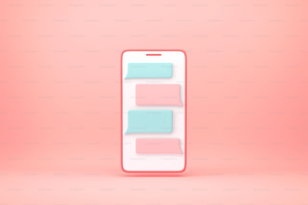 ピンクの背景にメッセンジャーウィンドウを持つスマートフォン。チャットとメッセージングのコンセプト。3Dレンダリング