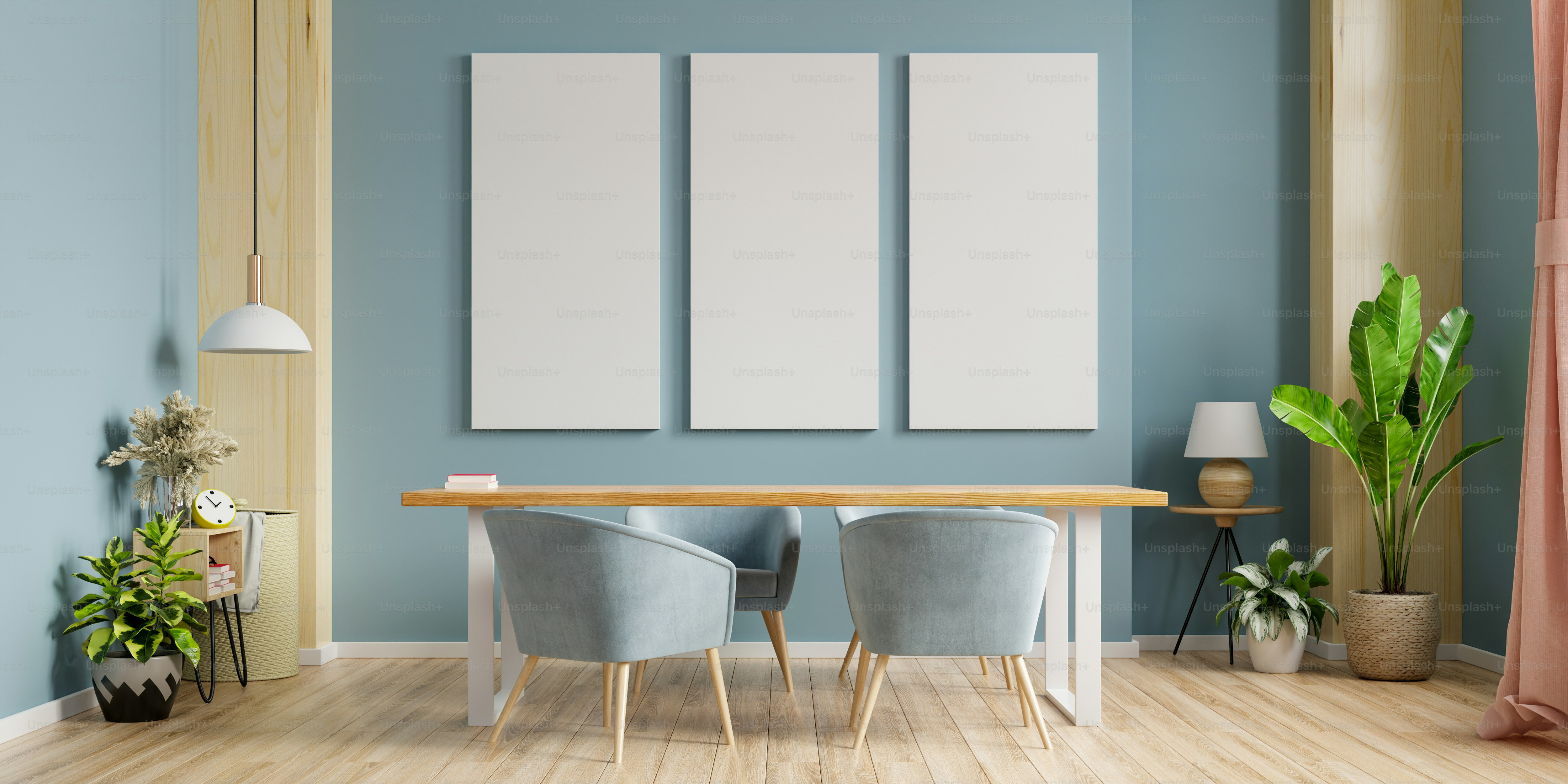 Mockup poster in modern dining room interior design with dark blue ...