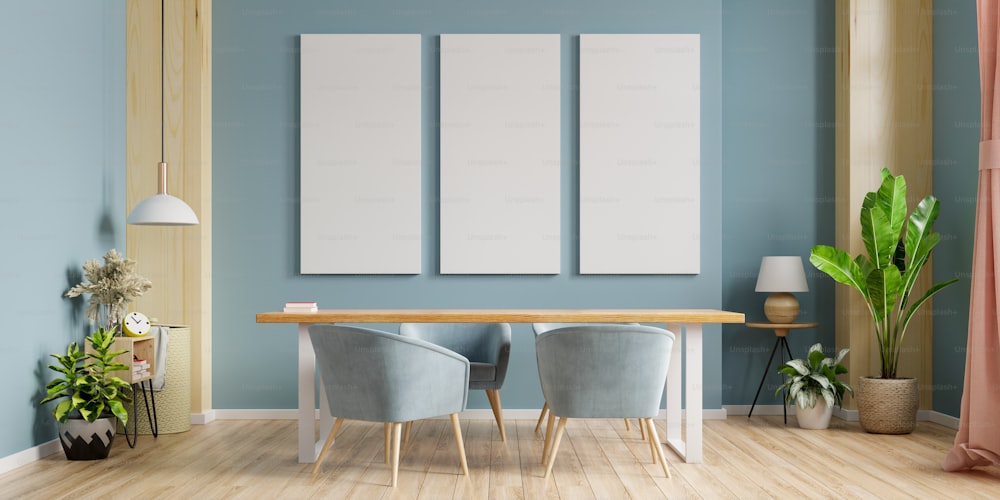 Poster de maquete no design interior moderno da sala de jantar com paredes vazias azuis escuras.3d renderização