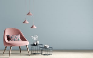 Interior de la sala de estar con mesas de centro, lámparas y sillón rosa sobre pared azul, diseño del hogar 3d renderizado