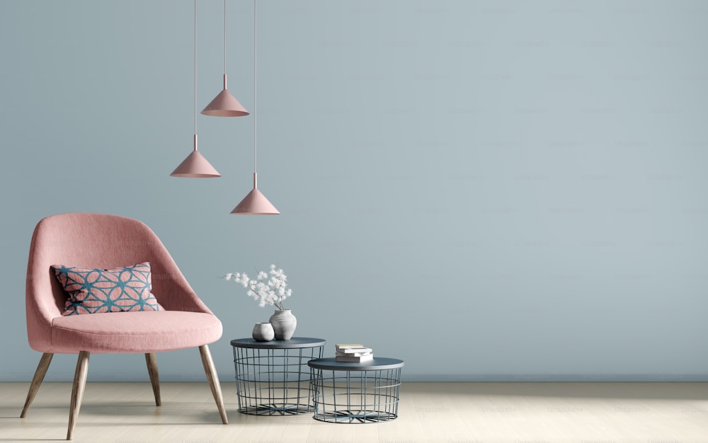 Intérieur du salon avec tables basses, lampes et fauteuil rose sur mur bleu, design intérieur 3D rendu