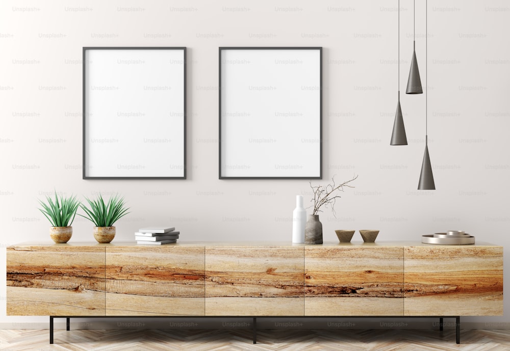 Interni moderni del soggiorno con comò in legno su parete bianca con poster mockup, rendering 3d home design