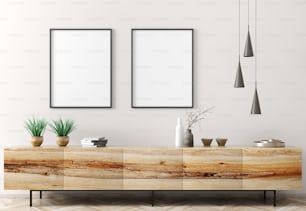白い壁の上に木製のドレッサーとモックアップポスター、ホームデザイン3Dレンダリングを持つリビングルームのモダンなインテリア